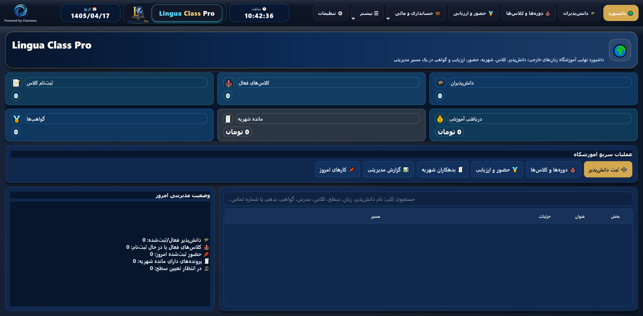 داشبورد نرم افزار Lingua Class Pro