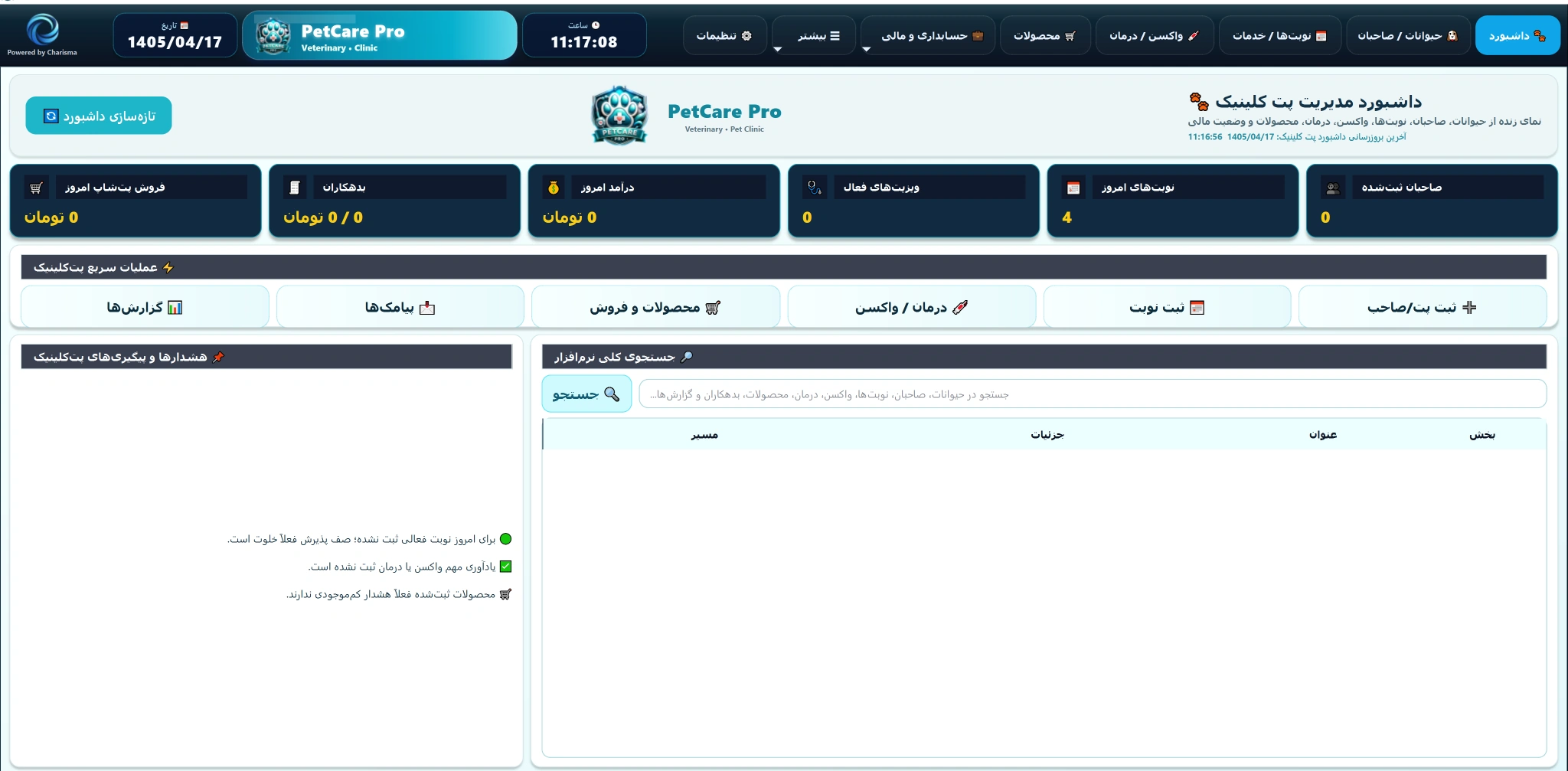 داشبورد و پیگیری‌های روزانه PetCare Pro